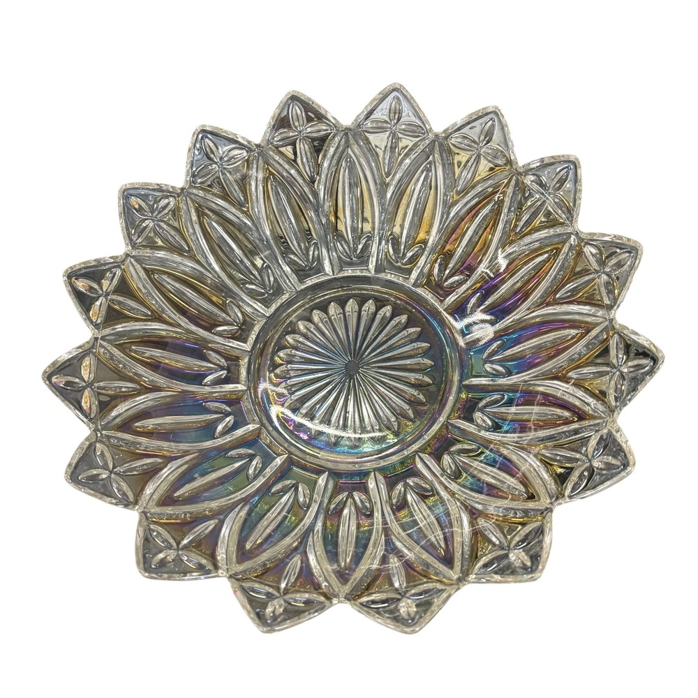 Federal Glass Iridescent Clear Petal Sunburst Bowl Vintage Mid Century 10.5 Inch